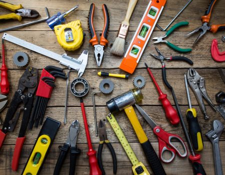 Old tools on a wooden table